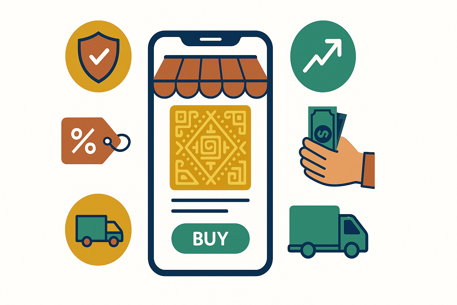 Professional e-commerce illustration showing shopping benefits. Central image: smartphone displaying online store interface with golden Peruvian Inca patterns. Surrounding icons: shield (security), trending arrow, price tag with discount, delivery truck, cash on delivery hand. Color palette: gold #FFD700, navy blue #1E3A8A, terracotta #CD853F, green #10B981. Modern, clean, flat design style. White background. High quality commercial photography style. 1920x1080 aspect ratio.